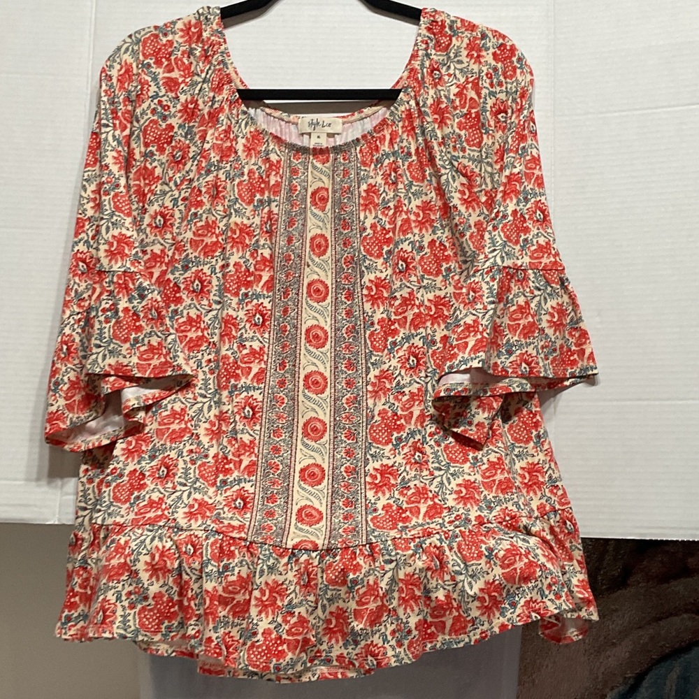 Style & Co. Red and Cream Floral Blouse